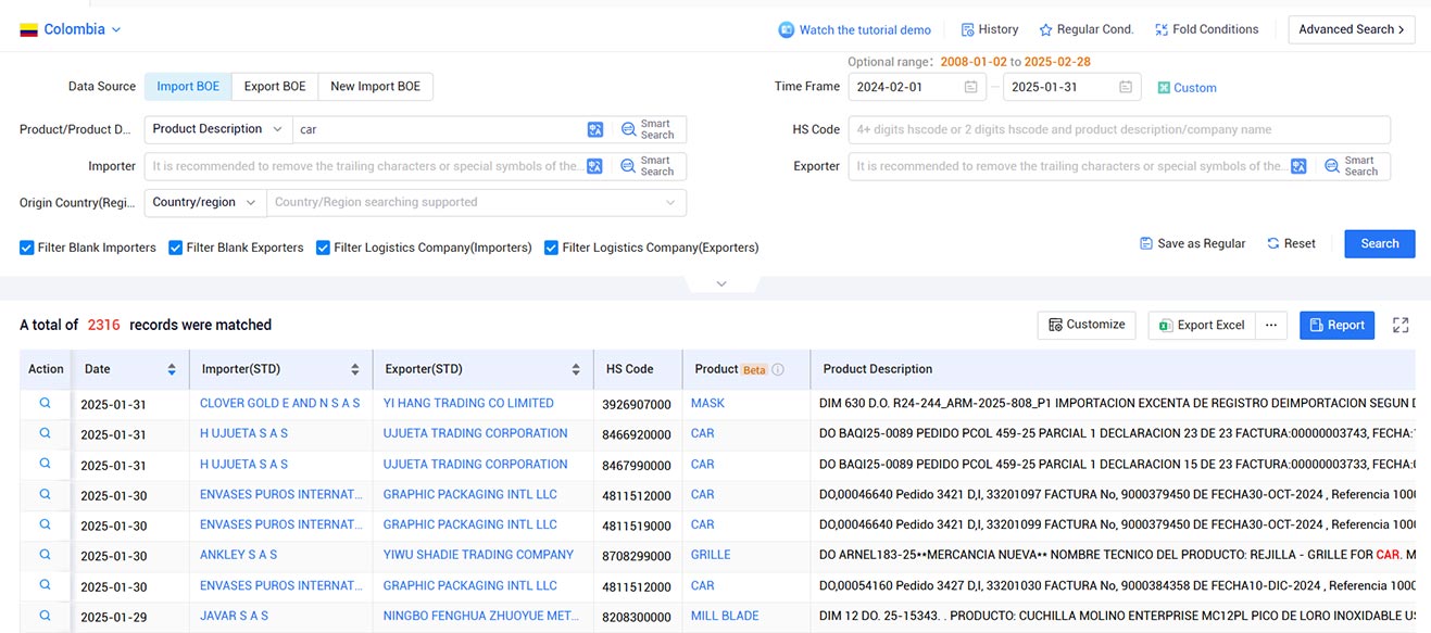 import and export data,customs import and export data,colombian customs import and export data